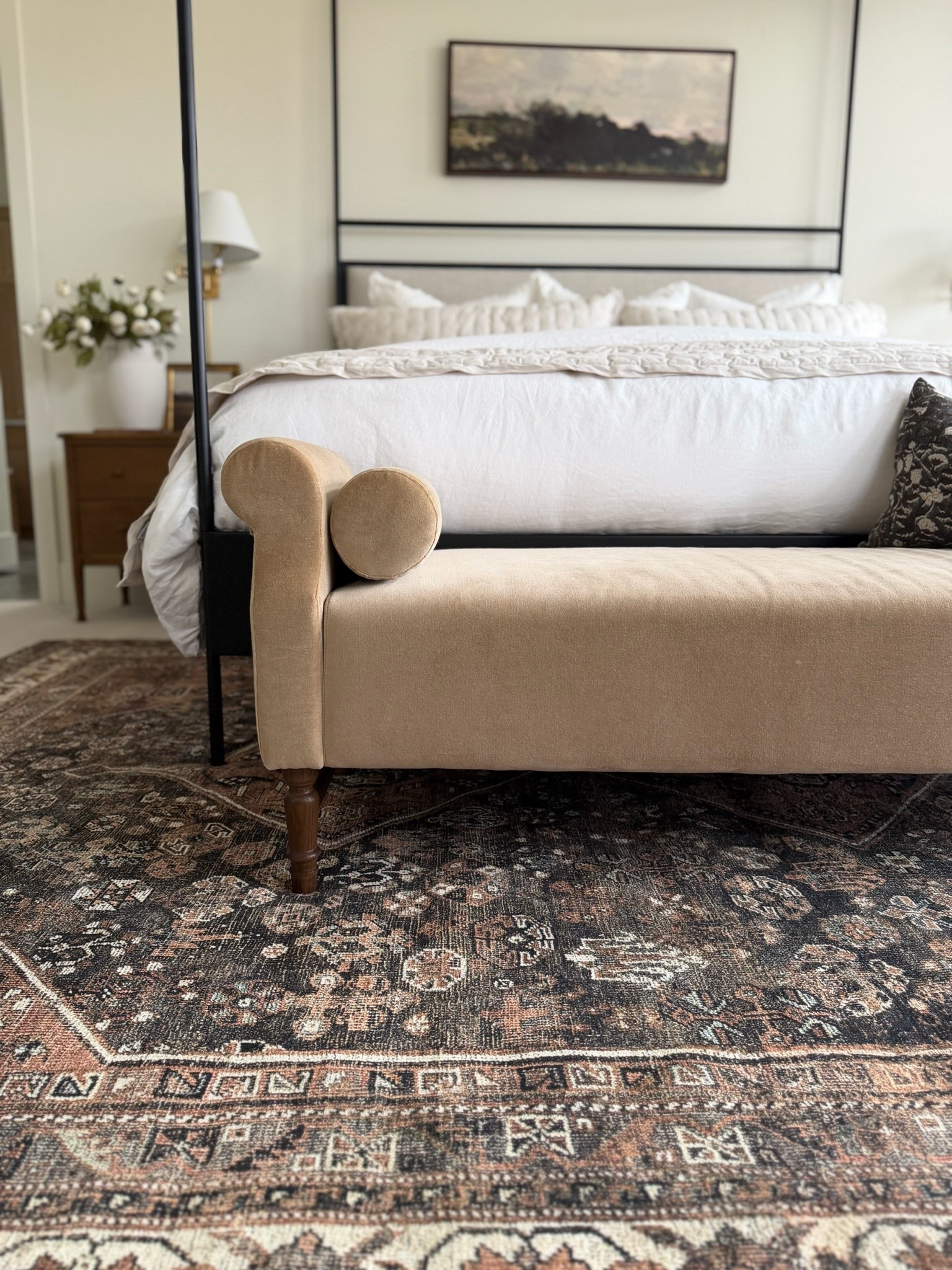 Calm, cozy, and warm for the spring! I love how our primary has transformed over the last few months. This gorgeous velvet bench is an all-around favorite, and I love how much it pops against this gorgeous cloudpile rug! 

#LTKHome #LTKSaleAlert