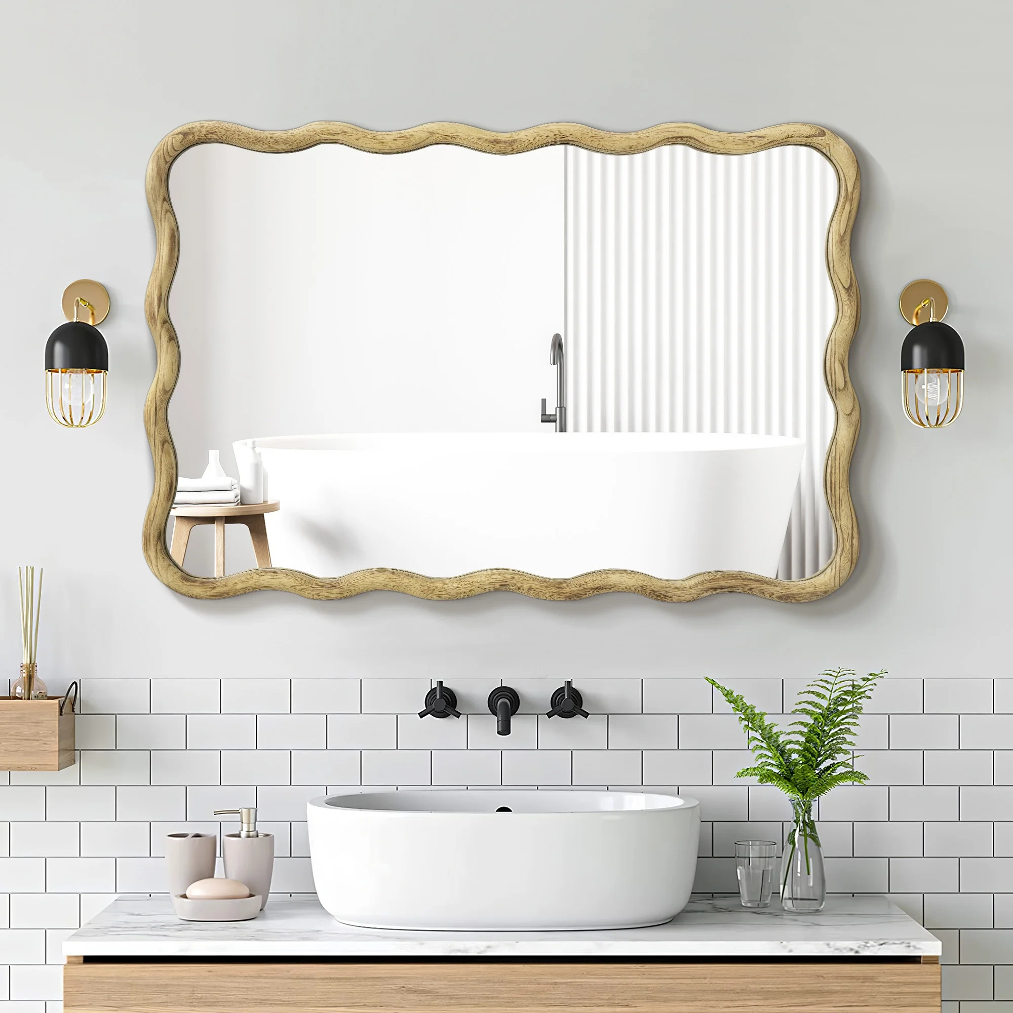 TEWLOSS Wavy Mirrors Wall Mirror, 30"x20" Bathroom Mirror Wood Framed, Natural | Walmart (US)