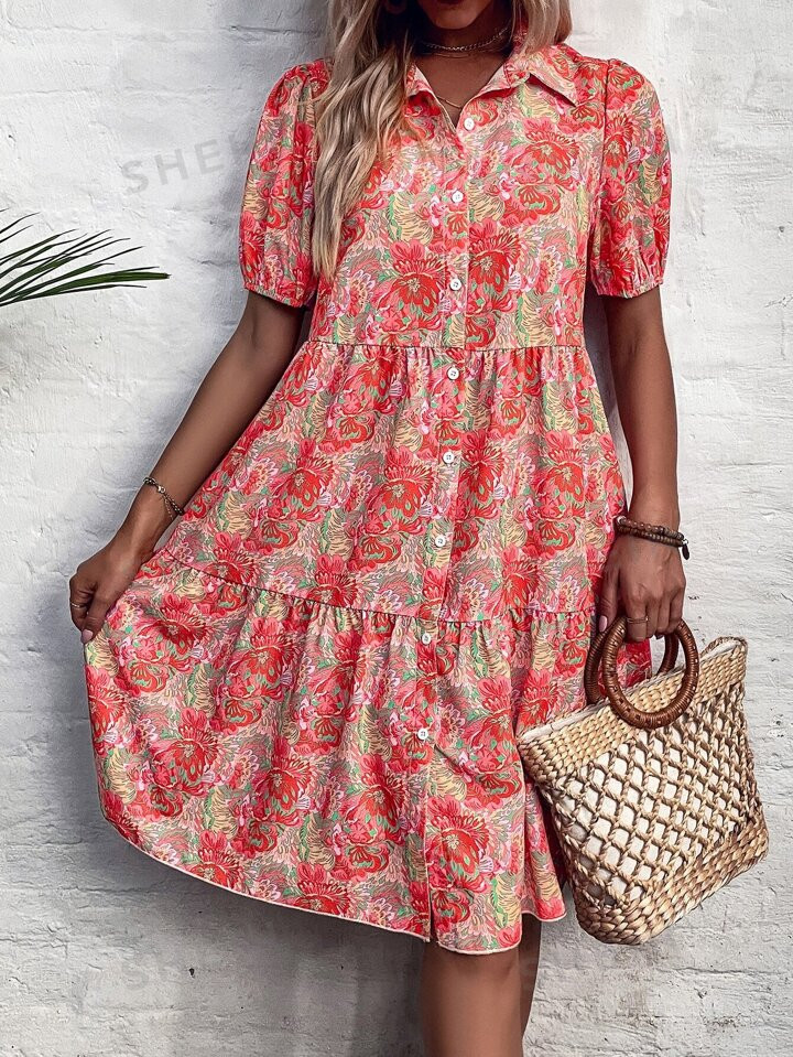 SHEIN VCAY Floral Button Front Puff Sleeve Ruffle Hem Dress | SHEIN