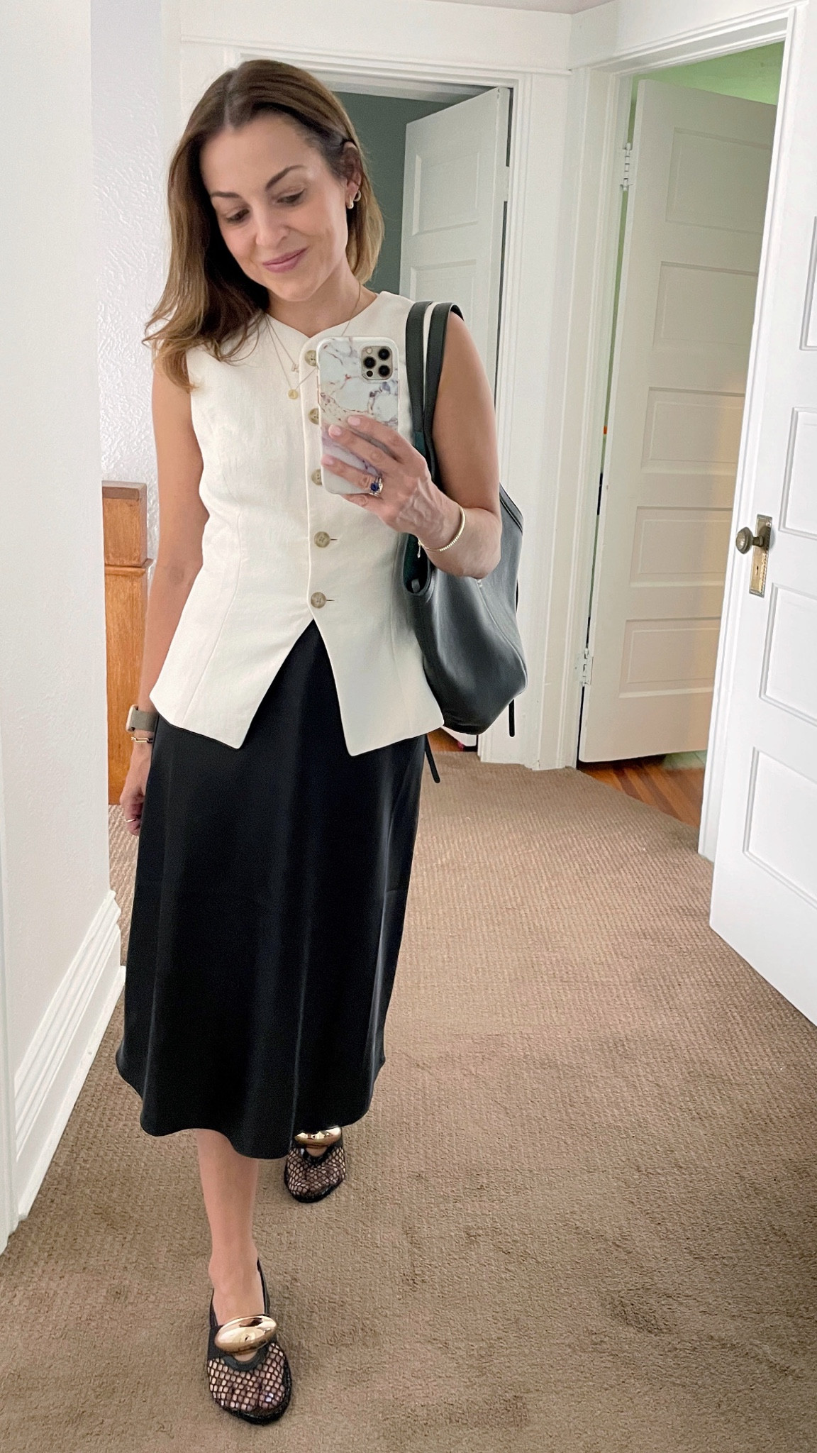 Vest size 0 in “light birch," skirt XXS, shoes 5.5 (run a bit big), bag is the “small” version but also linked the full size 