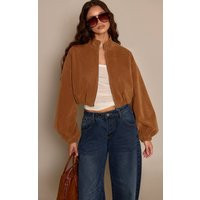 Caramel Faux Suede Cropped Bomber Jacket | PrettyLittleThing US