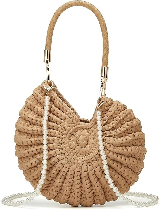 Crochet Seashell Bag for Women - Handmade Beachy Shoulder Purse with Pearl Chain, Woven Shell Cro... | Amazon (US)