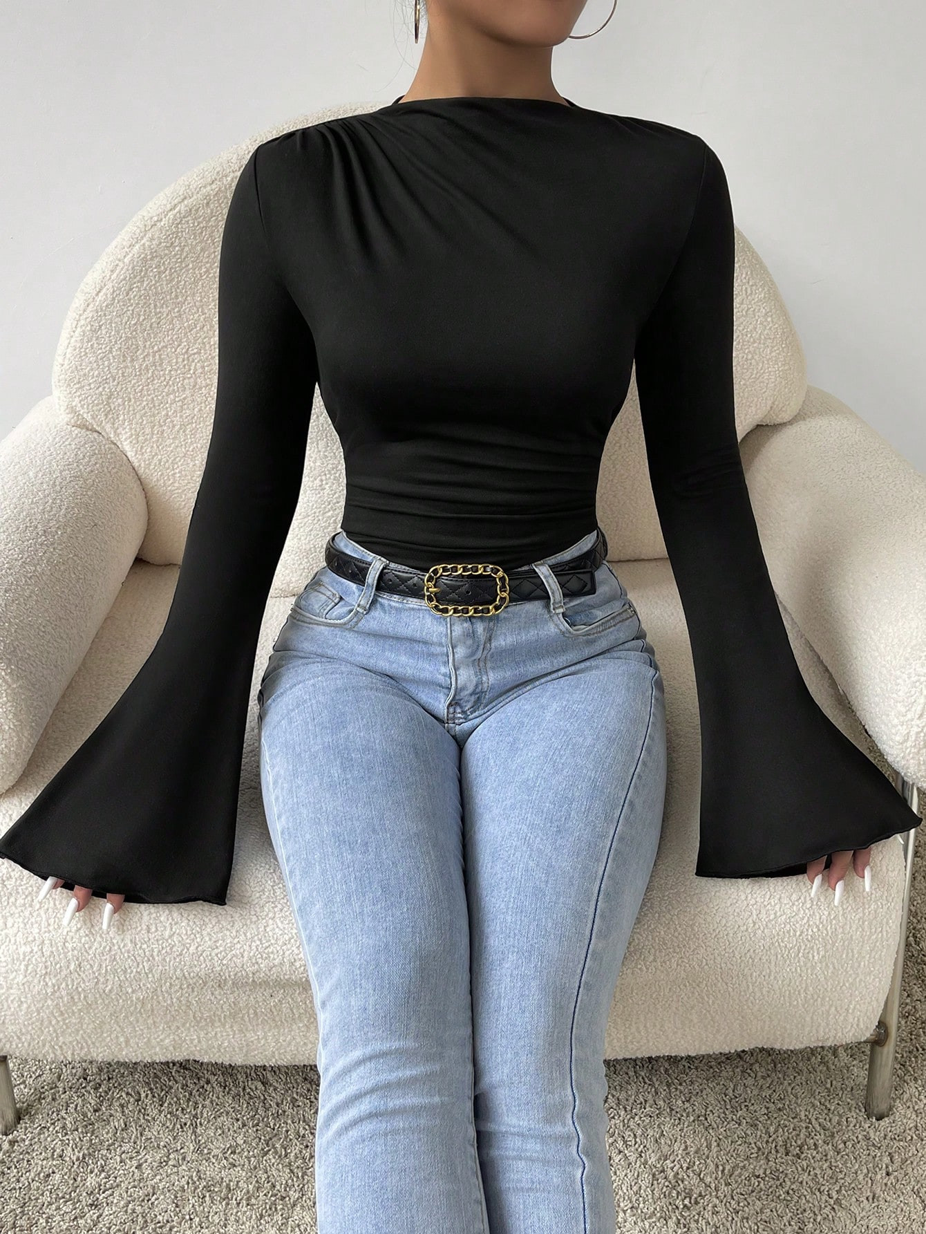 SHEIN Essnce Mock Neck Flare Sleeve Bodysuit | SHEIN