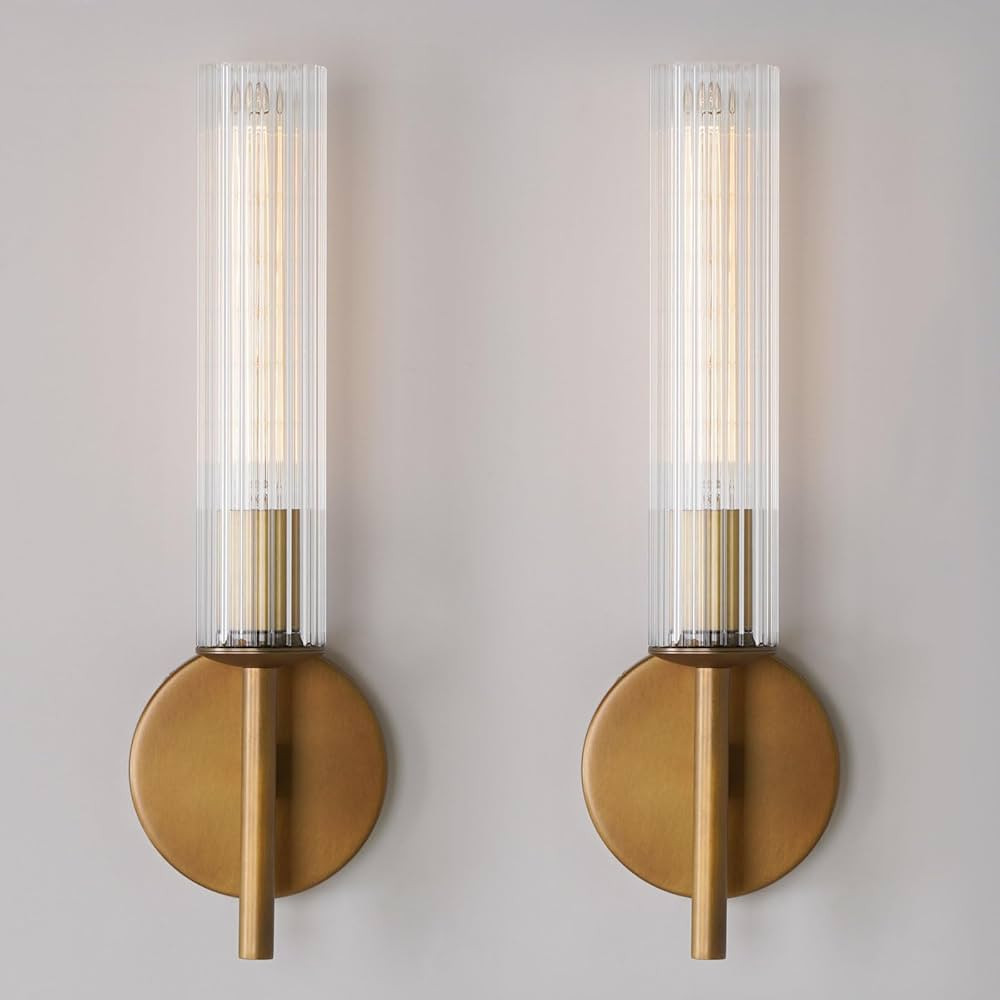 Juego de 2 apliques de pared de latón, apliques de tubo de vidrio acanalado transparente, apliqu... | Amazon (US)
