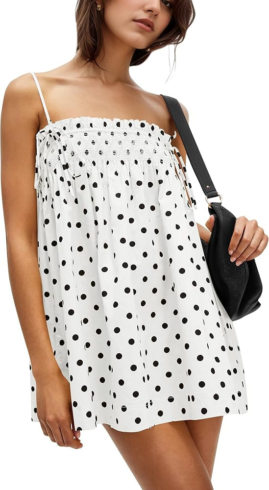 Women Polka Dot Sleeveless Square Neck Backless Spaghetti Strap Smocked Flowy Ruched Sexy Mini Ca... | Amazon (US)