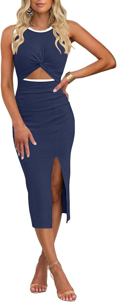 oten Women's Casual Sleeveless Cutout Twist Front Side Slit Ribbed Knit Party Bodycon Midi Dresse... | Amazon (US)