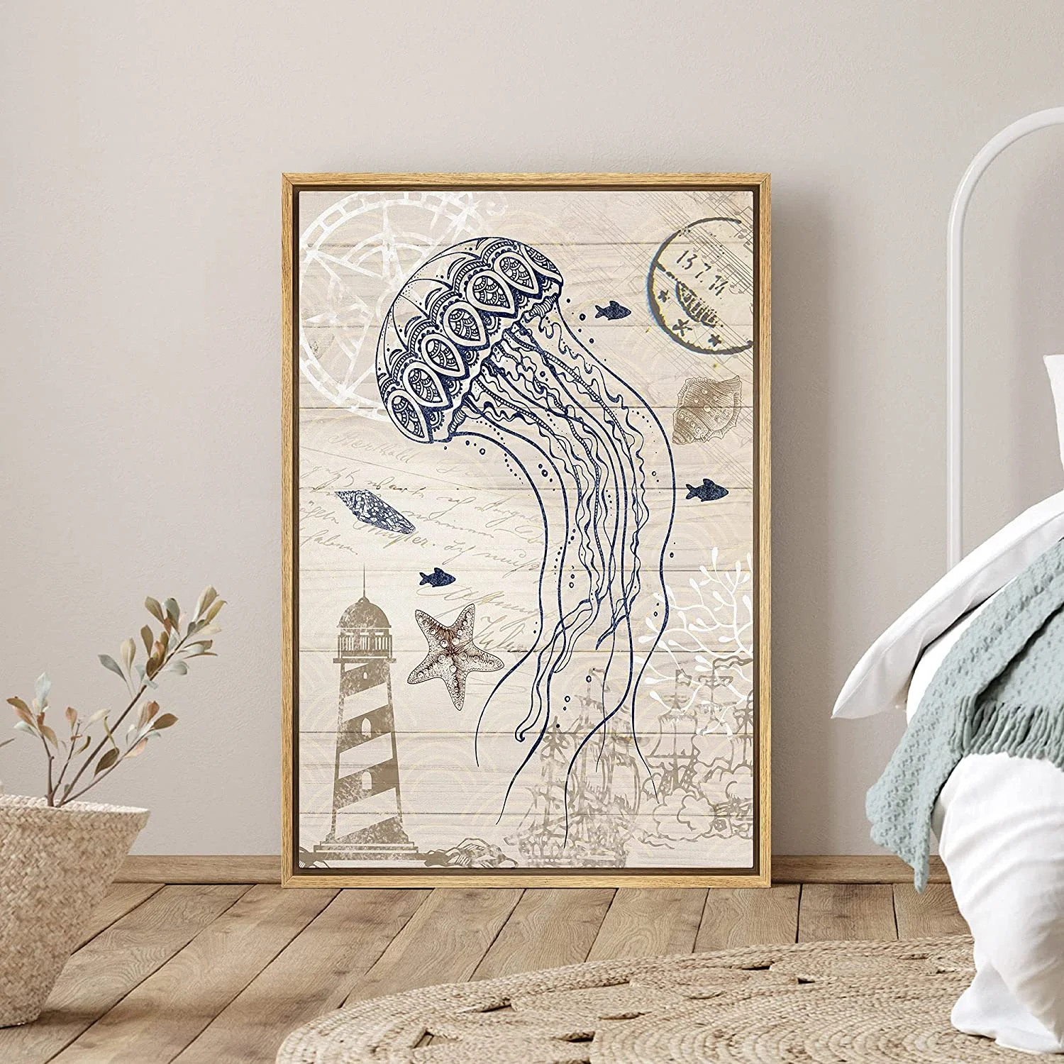 PixonSign Framed Canvas Print Wall Art Jellyfish, Lighthouse and Fish Animals Ocean Illustrations... | Walmart (US)