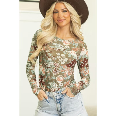 Floral Print Mesh Fitted Long Sleeve Top | Target