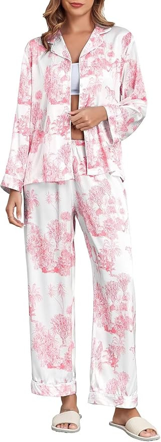 Brosloth Women's Silk Satin Pajamas Pjs Sets Cute Lace Pattern Two Piece Loungewear Set Button Up... | Amazon (US)
