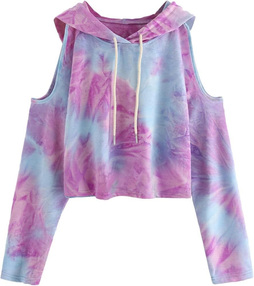 SweatyRocks Women's Cold Shoulder Tie Dye Pullover Hoodie Crop Top Sweatshirt | Amazon (US)