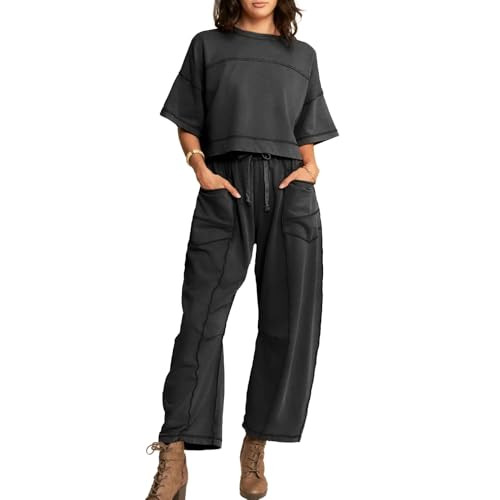 Womens 2 Pieces Sweatsuit Set Cropped Boxy T Shirt Drawstring Wide Leg Pant Travel Tracksuit Casu... | Amazon (US)