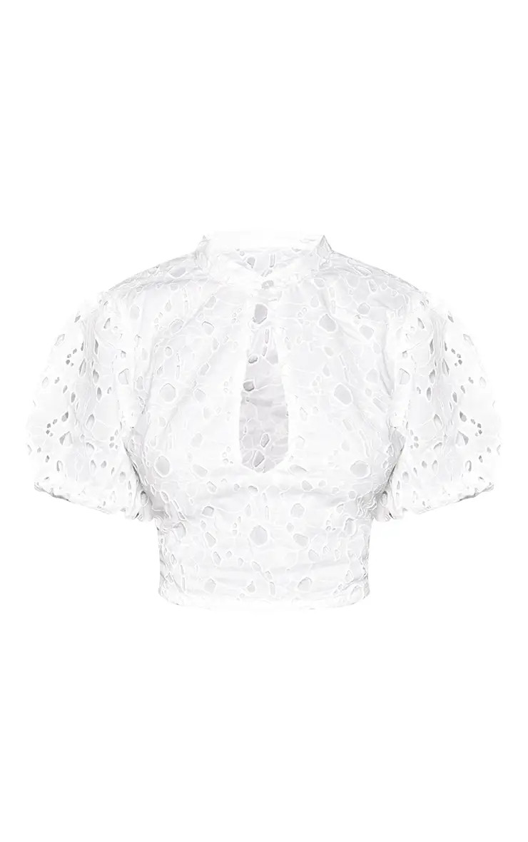 White Broderie Keyhole Puffball Sleeve Top | PrettyLittleThing UK