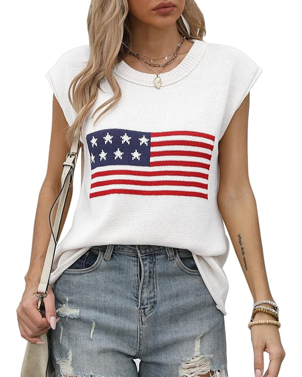 Alsol Lamesa Women’s American Flag Graphic Cap Sleeve Vest Knit Lightweight Sweater Crew Neck T... | Amazon (US)
