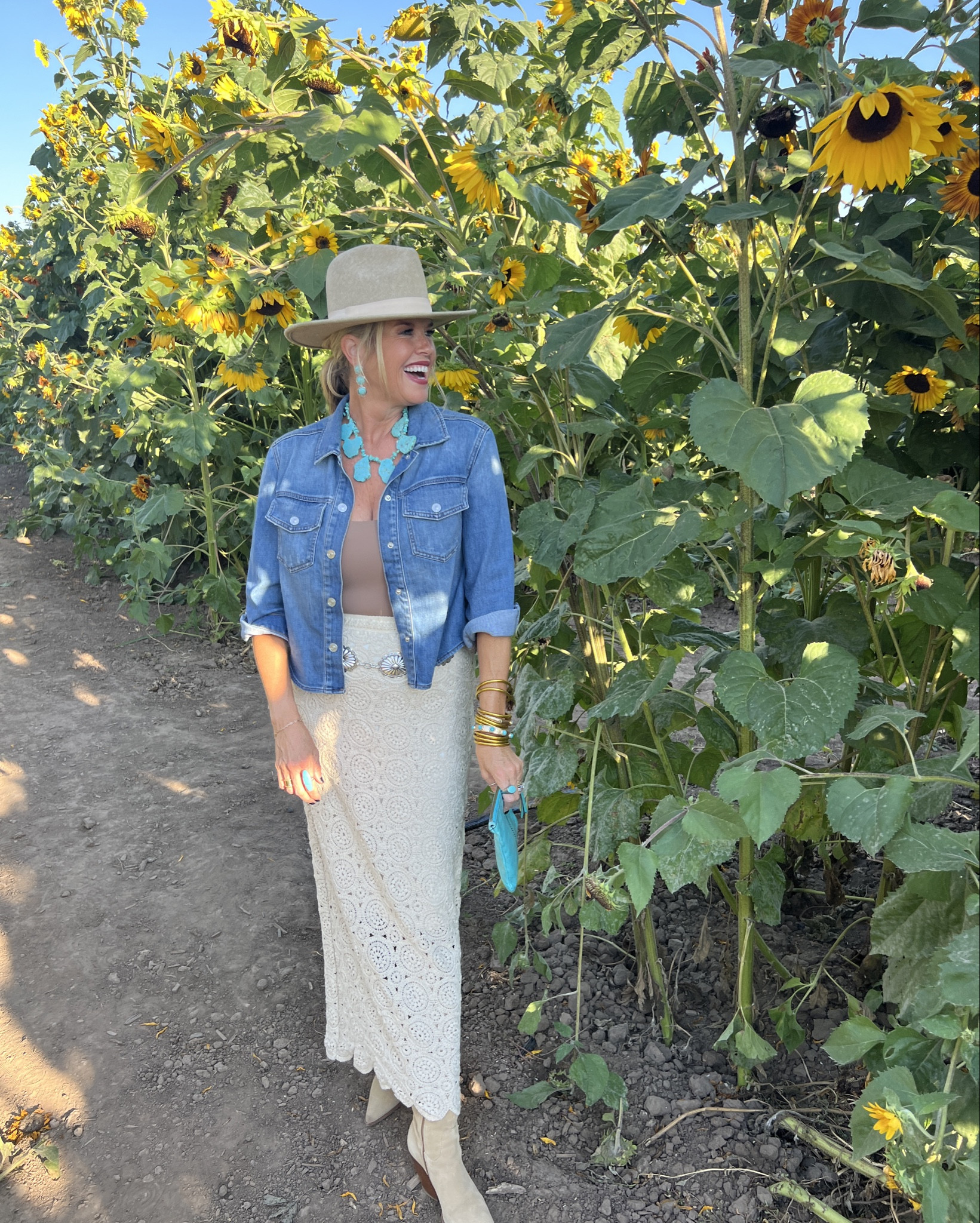 Fall outfit inspiration with a western vibe.

The cutest crocheted maxi skirt, fully lined, elastic waist, fits tts and is under $60 selling fast/ I was told they will restock 
Amazing quality you would think it was far more expensive. 

Pumiey body suit tts buttery soft and thong back

Cropped Denim button up top 
By Chicos fits tts 

Dolce vite boots suede western inspired (last year) linked similar 

Hobo leather  clutch 

Turquoise jewelry Chicos
Silver belt Chicos 

Rings are real turquoise and not linkable

Hat lack of color

#LTKFindsUnder100 #LTKStyleTip #LTKSaleAlert