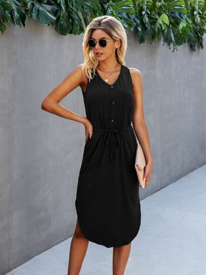 V-neck Drawstring Waist Curved Hem Dress | SHEIN