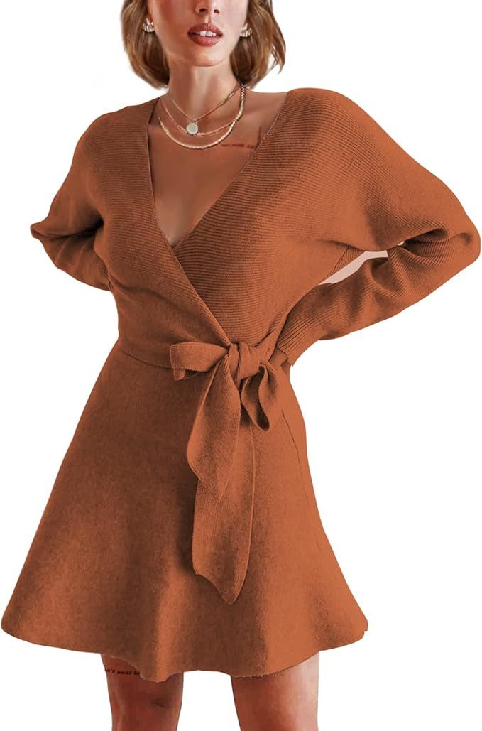 EXURA Women's V Neck Ribbed Knit Mini Sweater Dress Long Sleeve Wrap Dresses with Belt | Amazon (US)