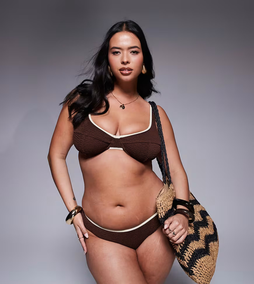 Moda Minx Curve scoop bikini top in brown with contrast almond binding | ASOS (Global)