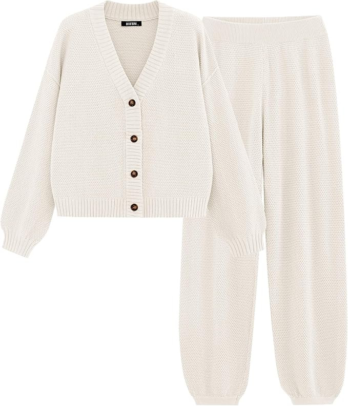 BTFBM Women 2 piece Outfits Fall Knit Sweater Sets Loose Casual Button Down Cardigan Long Pants M... | Amazon (US)