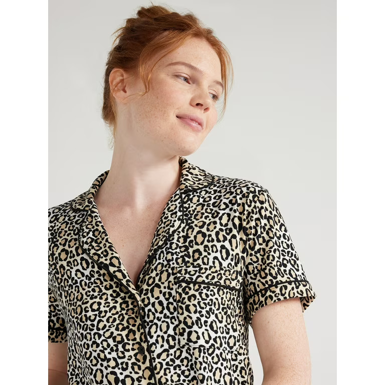 Joyspun Women’s Short Sleeve Notch Collar Top and Shorts Knit Pajama Set, 2-Piece, Sizes S to 3... | Walmart (US)