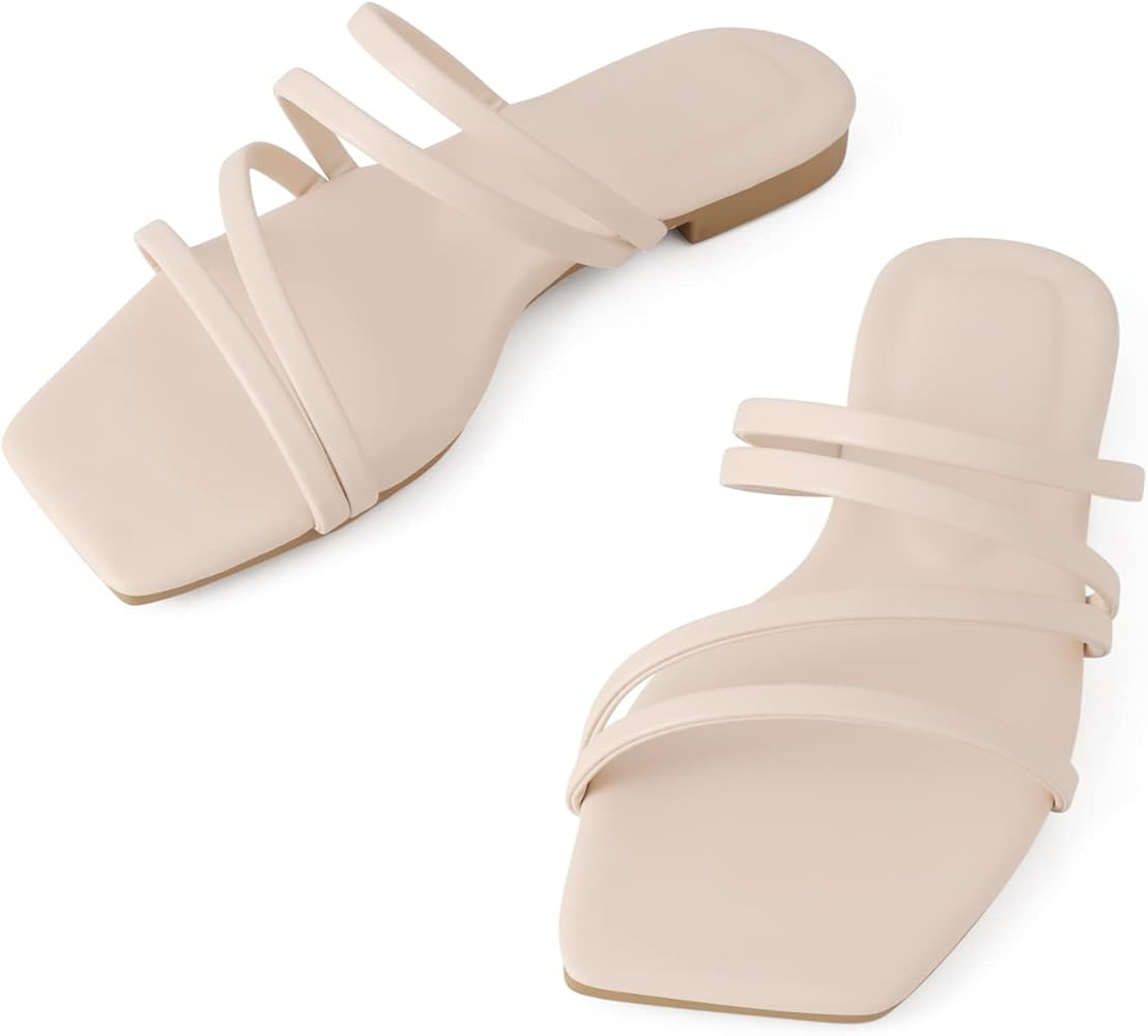 Shoe'N Tale Flat Sandals Strappy Slides for women Square Toe Slip On Flip Flop | Amazon (US)