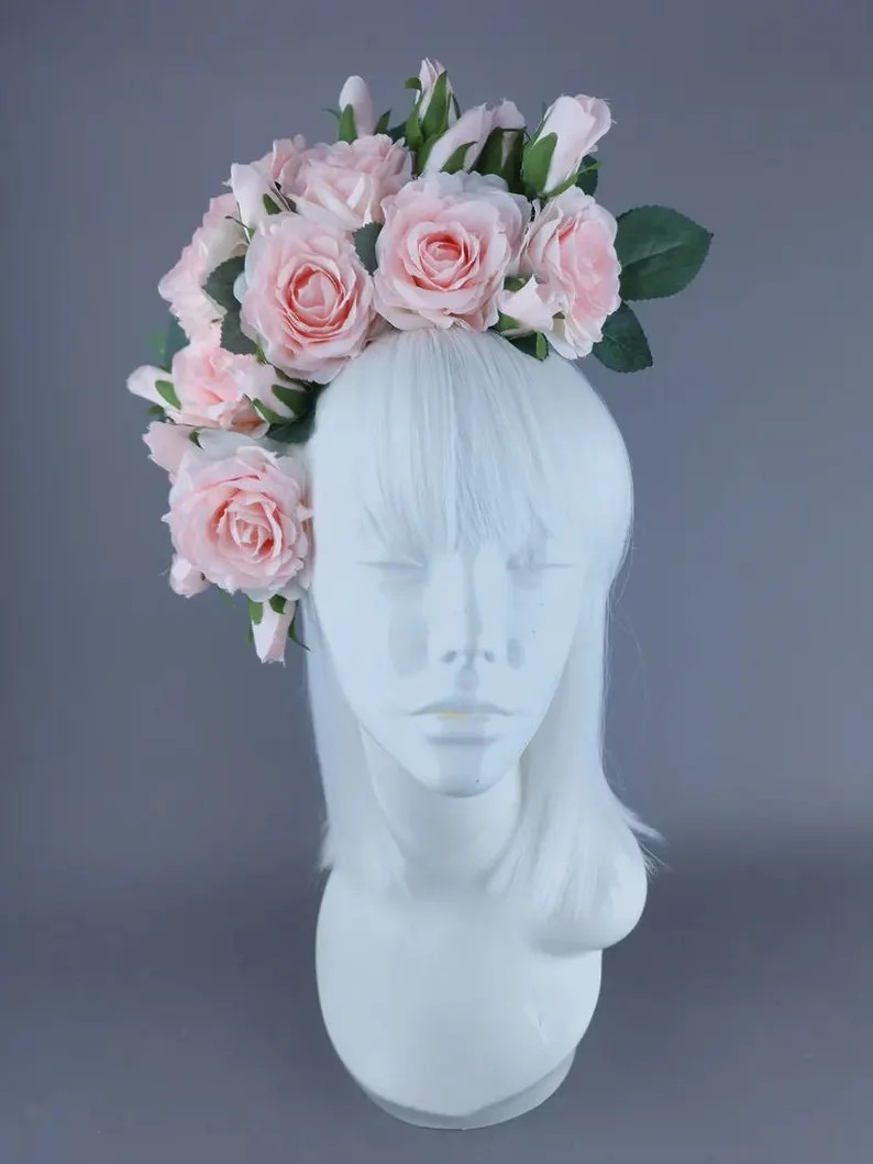 Pastel Pink Rose & Rosebud Flower Headdress, Floral Crown Maximalist Wearable Art Maximalism Wedd... | Etsy (US)