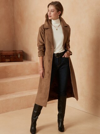 Long Tie-Waist Vegan Suede Trench Coat | Banana Republic Factory
