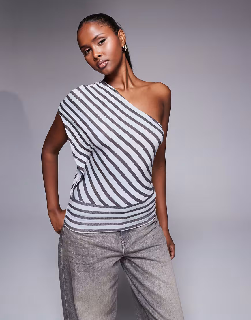 Edikted Asymmetric striped one shoulder top in grey | ASOS (Global)