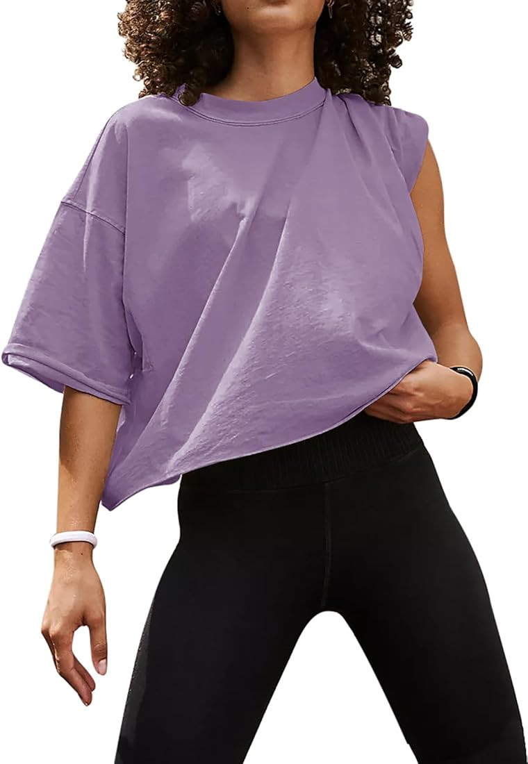 UEU Women's Comfy Basic Workout Gym Short Sleeve Crop Tops Casual Loose Oversized T-Shirts | Amazon (US)