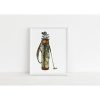 Vintage Golf Bag Watercolor Art Print, Golfing, Clubs, Man Cave, Wall Art, Father's Day | Etsy (US)