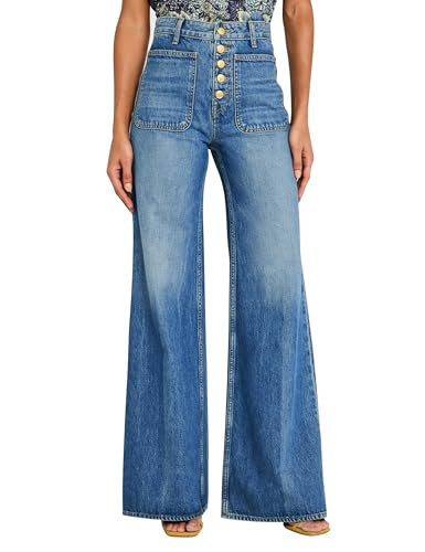 Wide Leg Jeans for Women High Waisted Stretchy Flare Trendy Straight Leg Button Fly Fall Baggy Jeans with Pockets Dark Blue | Amazon (US)