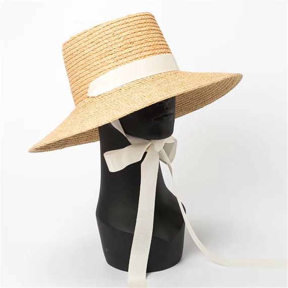 Raffia Straw Hat With Ribbon Chin Strap Tie Straw Sun Hat  | Etsy | Etsy (US)