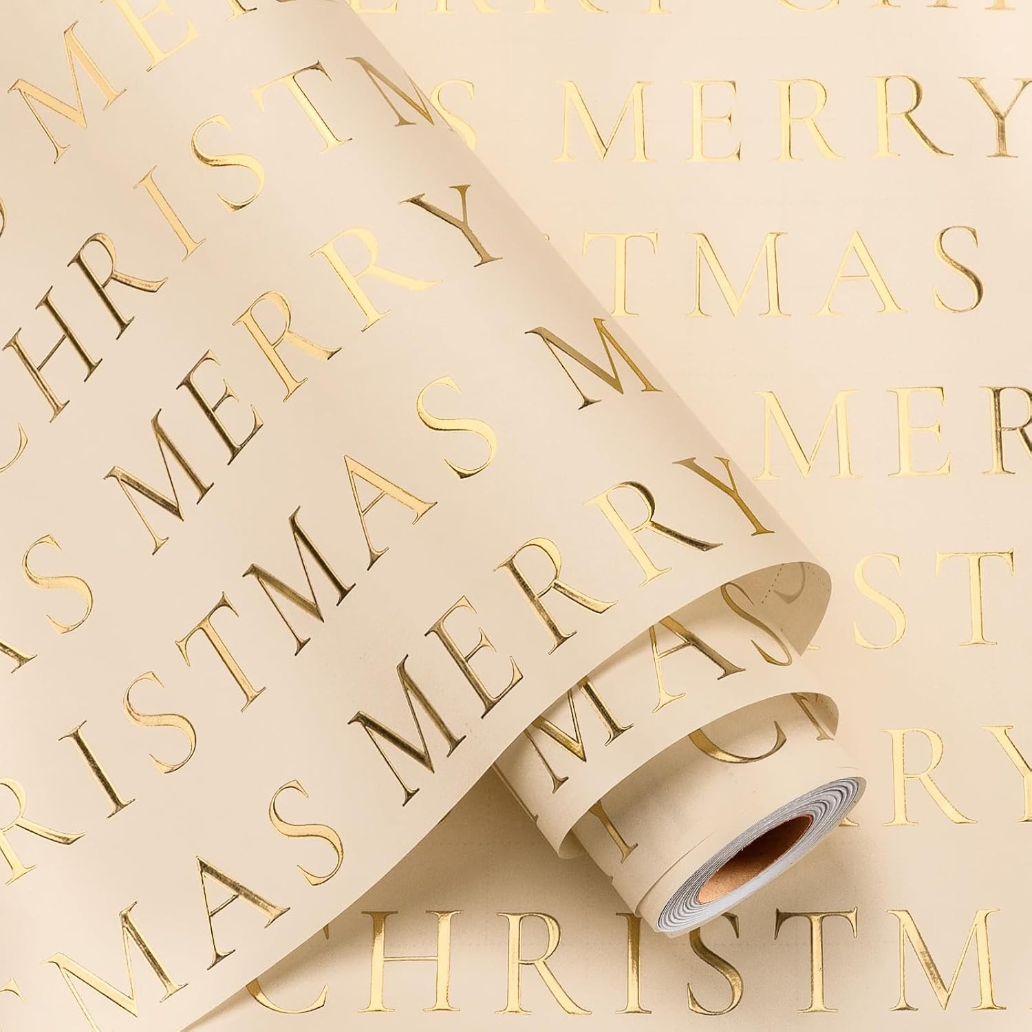 Merture Cream Gold Merry Christmas Letter Wrapping Paper Roll | Amazon (US)