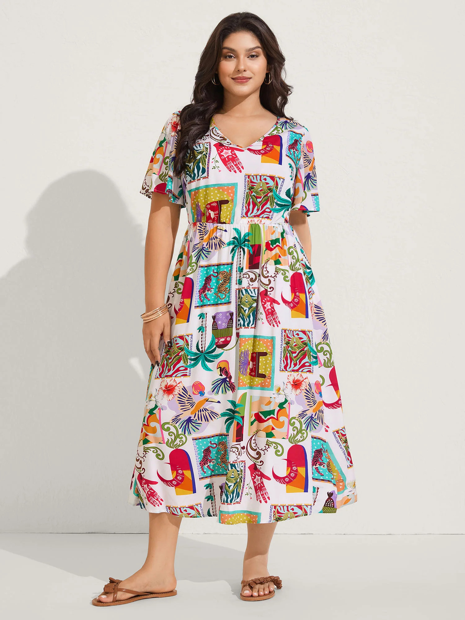 Tropical Collage Print Pockets Midi Dress | Bloomchic