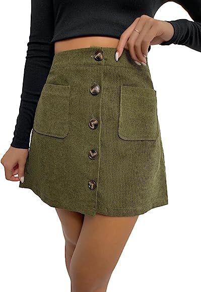 SheIn Women's Button Front High Waist Corduroy A Line Short Mini Skirt with Pockets | Amazon (US)