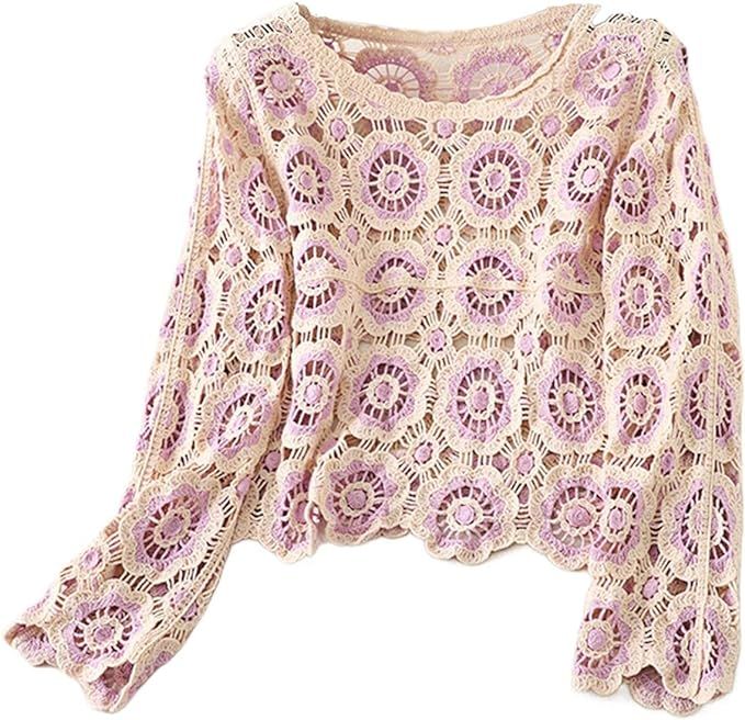 Women Y2k Crochet Floral Knit Pullover Long Sleeve V Neck Sweater Aesthetic Hollow Out Oversized ... | Amazon (US)