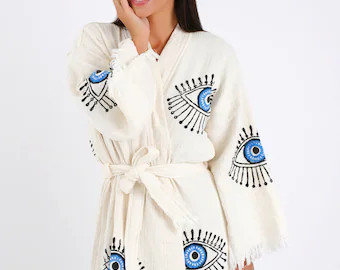 Handmade Print Evil Eye Bathrobe, Boho Festival Kimono Robe, Beachwear Cover Up, Negligee, Cardig... | Etsy (US)