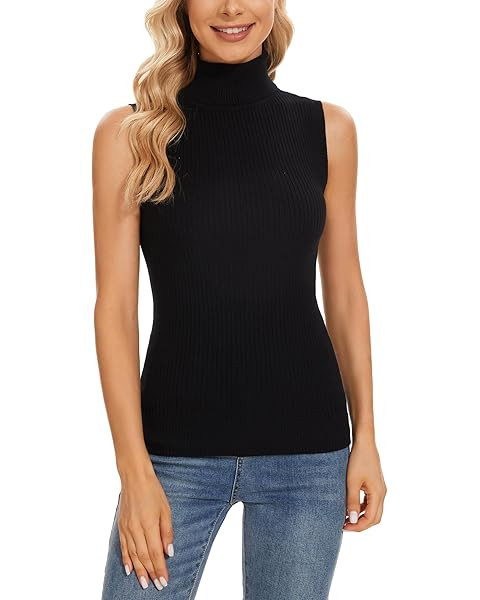 Womens Sleeveless Sweater Vest Turtleneck Ribbed Knit Tank Tops Basic Slim Fit Top | Amazon (US)