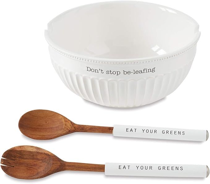 Mud Pie FLUTED LARGE SALAD BOWL SET, 5" Height x 11" Dia, Utensils 11" Length, White, brown | Amazon (US)