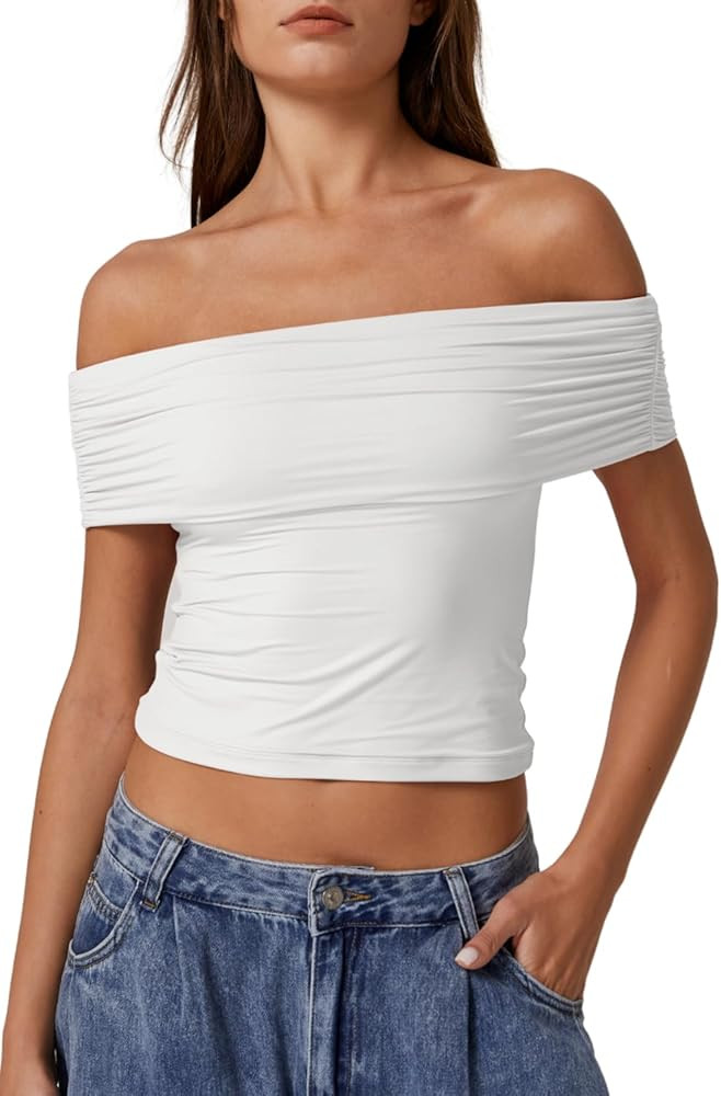 QINSEN Womens Off The Shoulder Tops Double Lined Short Sleeve T Shirts Slim Fitted Stretchy Crop ... | Amazon (US)