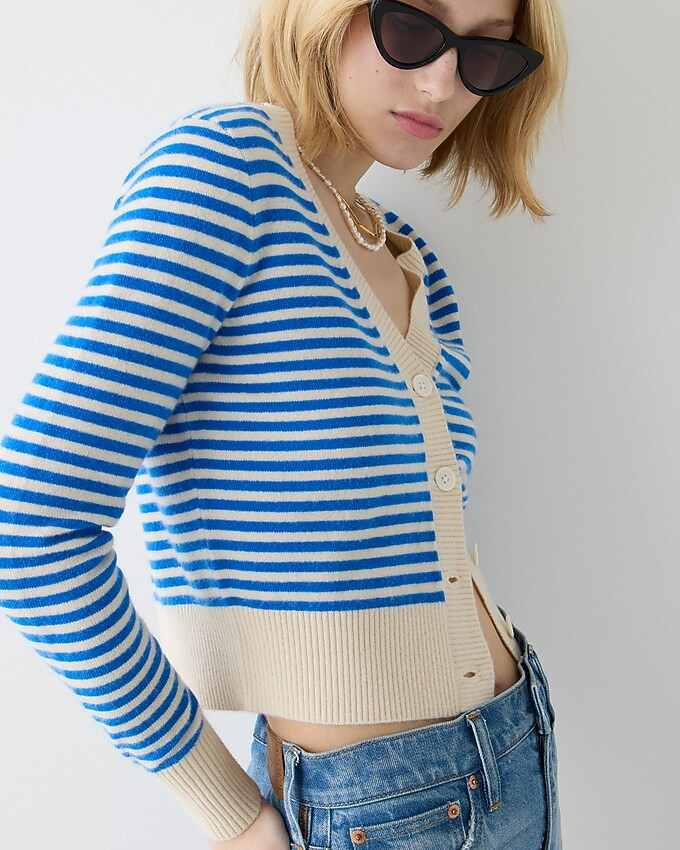 Cashmere cropped V-neck cardigan sweater in stripe | J. Crew US