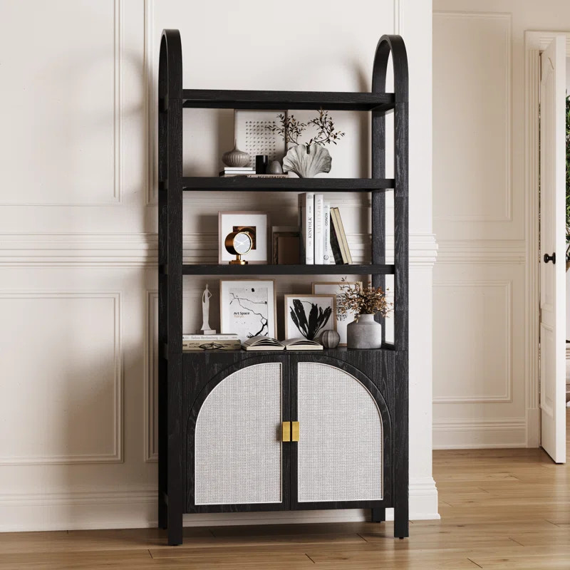 Boho 3-Shelf Bookshelf Cabinet With Rattan Doors | Wayfair North America