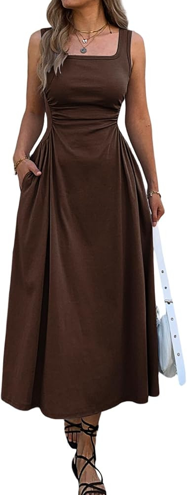 Mieazom Women's Square Neck Sleeveless Slim-Fit Maxi Dress Ruched Waist Corset Flowy Casual Summe... | Amazon (US)