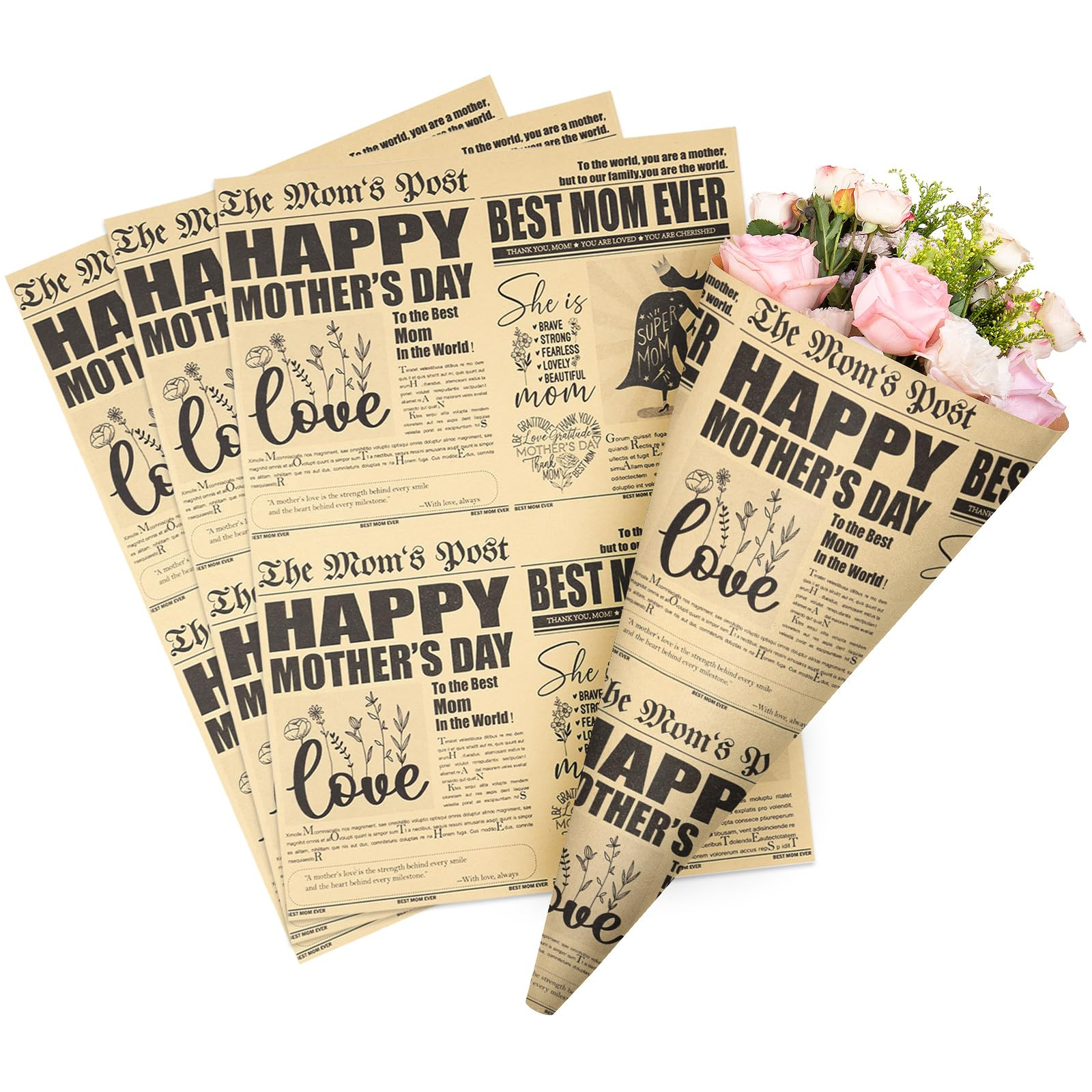 RUSPEPA 10 Sheets Kraft Newspaper Mother's Day Flower Wrapping Paper, Rustic Retro Brown Best Mom... | Amazon (US)