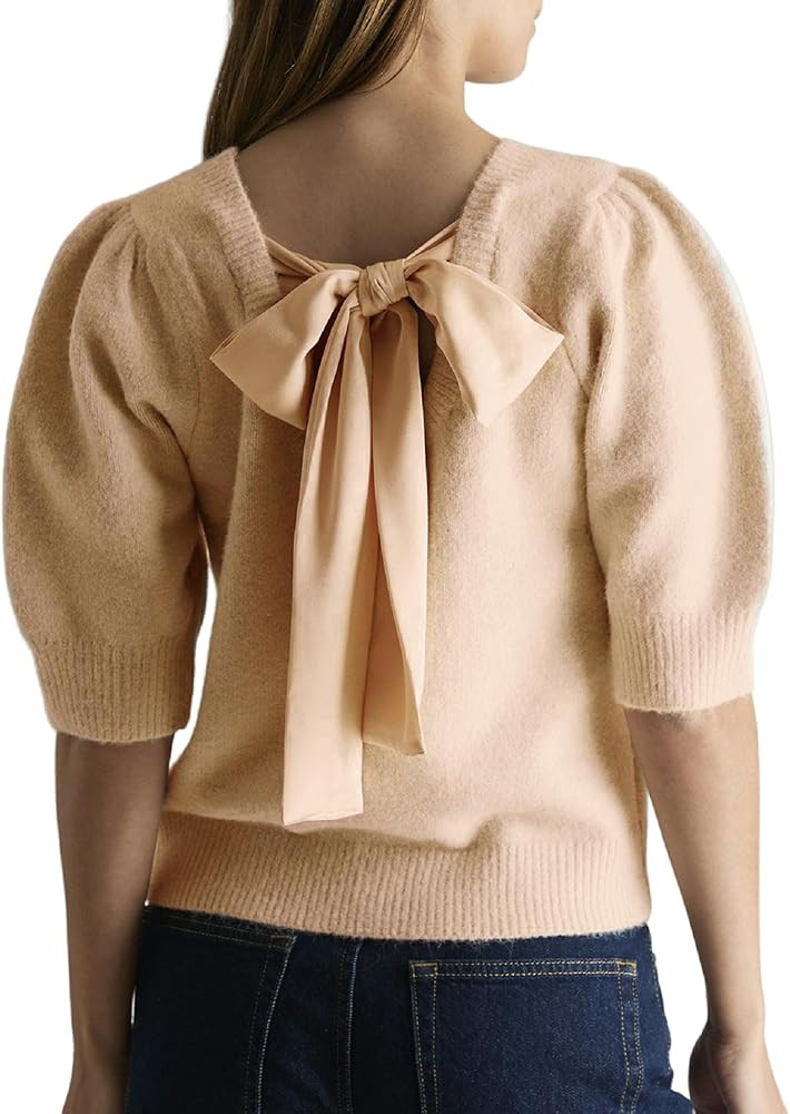 Seyumixi Women Cute Bow Sweater Puff Short Sleeve Crewneck Knitted Shirt Bowknot Tie Back Knit Pu... | Amazon (US)