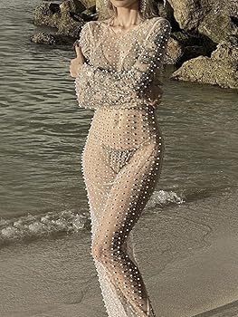 Women's Pearl Rhinestone Cover Up Dress See Through Sheer Long Maxi Dresses Beach Swimwear Bikini... | Amazon (US)