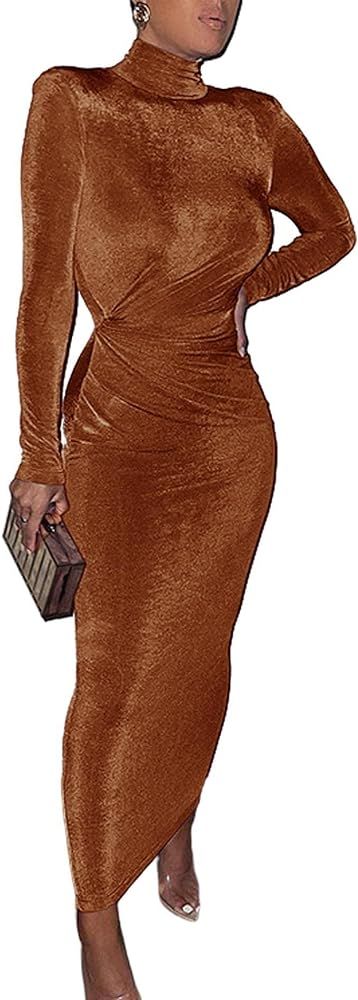 xxxiticat Women's Turtleneck Velvet Maxi Dress Long Sleeve Casual Wide Shoulder Pad Ruched High N... | Amazon (US)