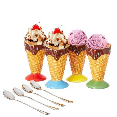 KOVOT Ceramic Dessert & Ice Cream Cone Set - Includes 4 Ceramic Cones And 4 Metal Spoons | Target