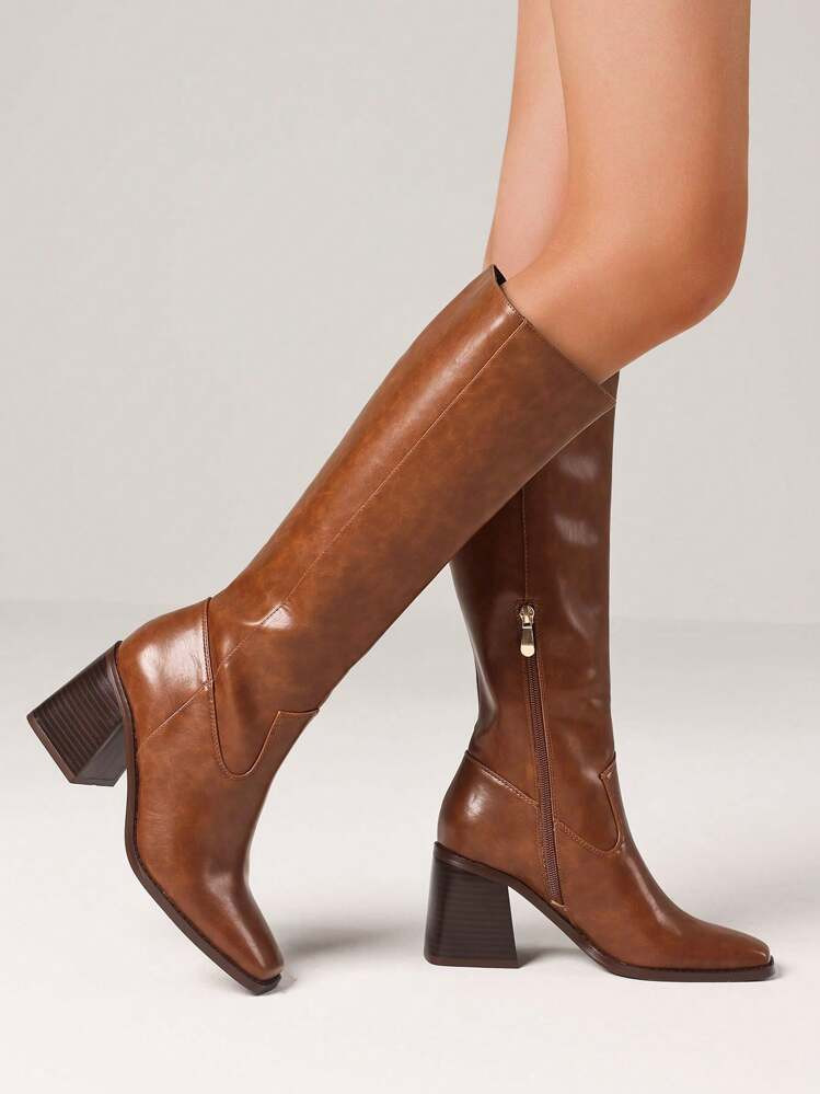 Women's Knee High Boots Fashion Square Toe Block Chunky High Heels Side Zipper Party Dress Fall Boots Shoes Woman | SHEIN