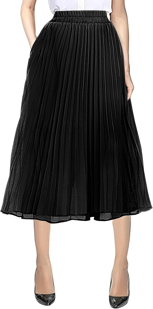 Urban CoCo Women's A Line Elastic Wasit Chiffon Midi Skirt Flare Pleated Skirts with Pockets | Amazon (US)