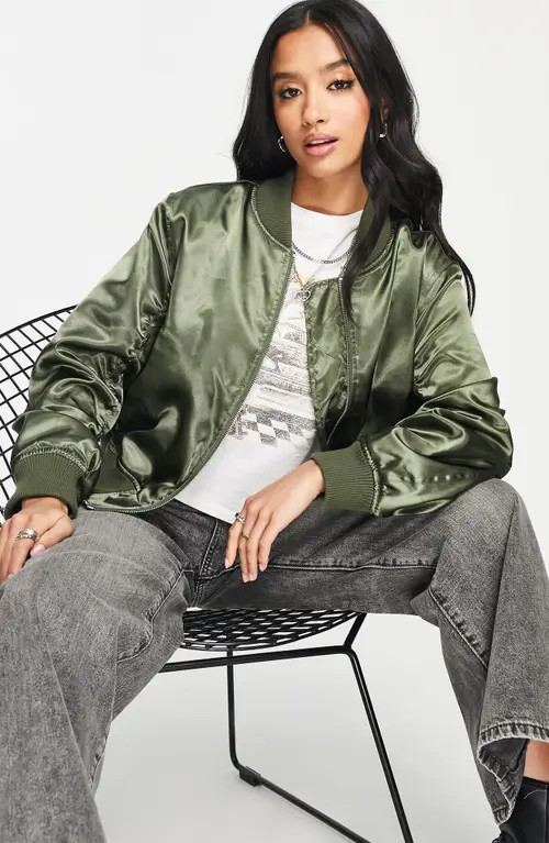 Topshop Satin Bomber Jacket in Khaki at Nordstrom, Size Small | Nordstrom